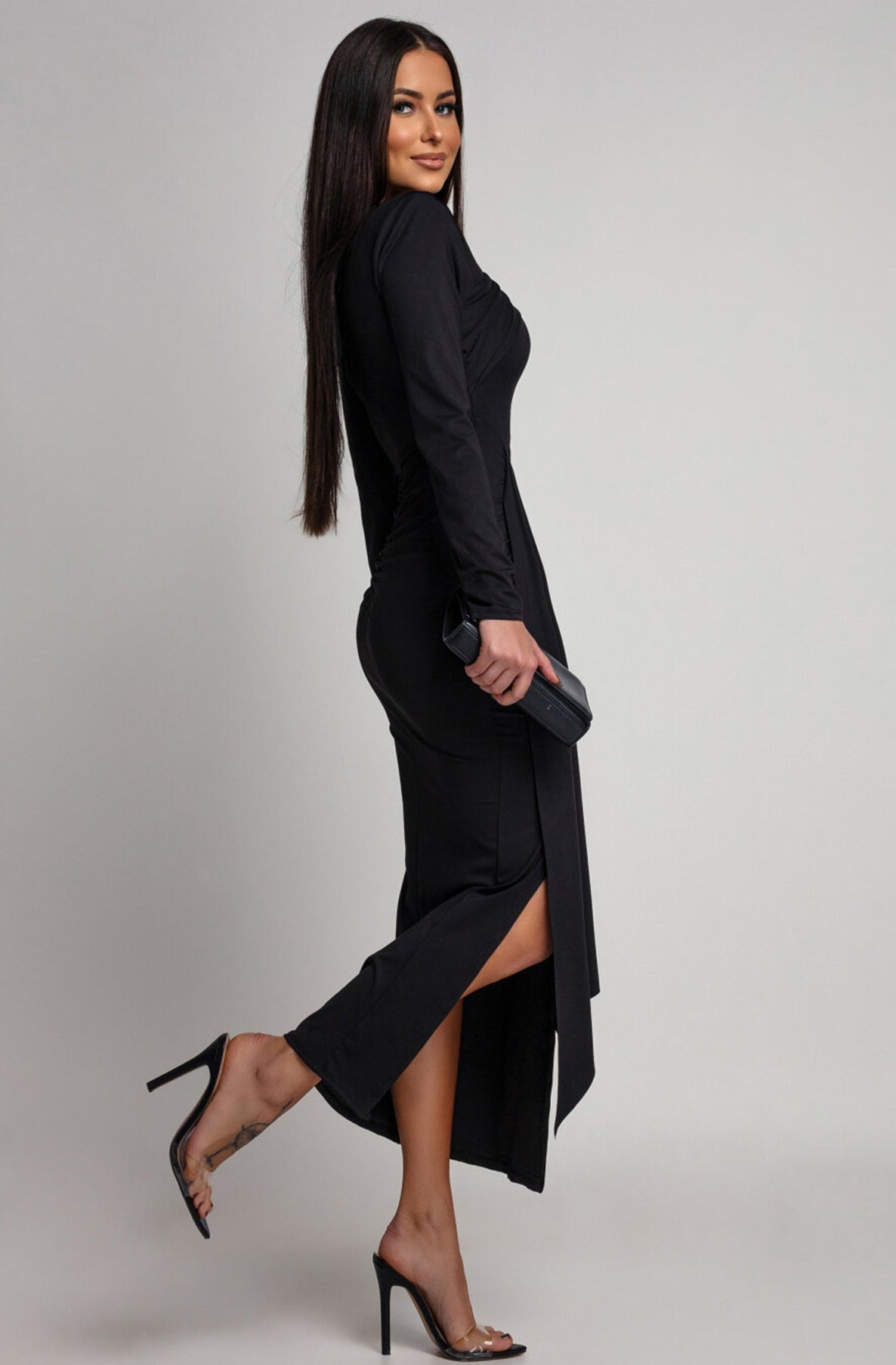 Dolly Draped Ruffle Front Midaxi Dress-Black