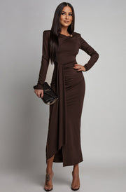 Dolly Draped Ruffle Front Midaxi Dress-Brown