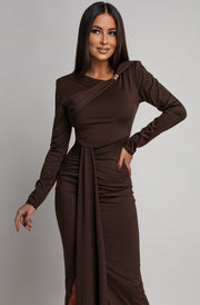 Dolly Draped Ruffle Front Midaxi Dress-Brown
