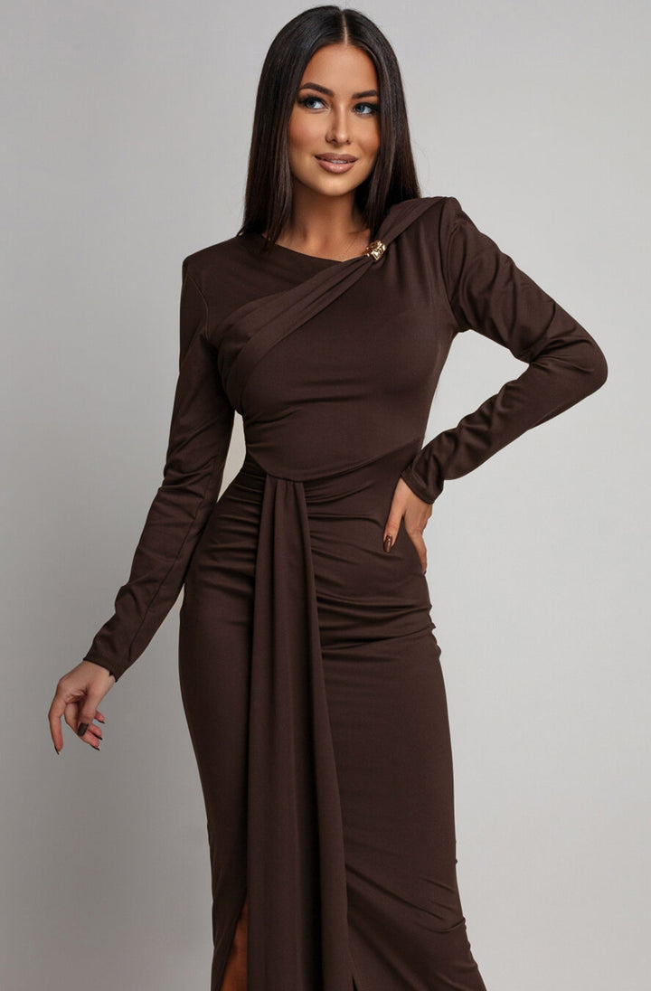 Dolly Draped Ruffle Front Midaxi Dress-Brown