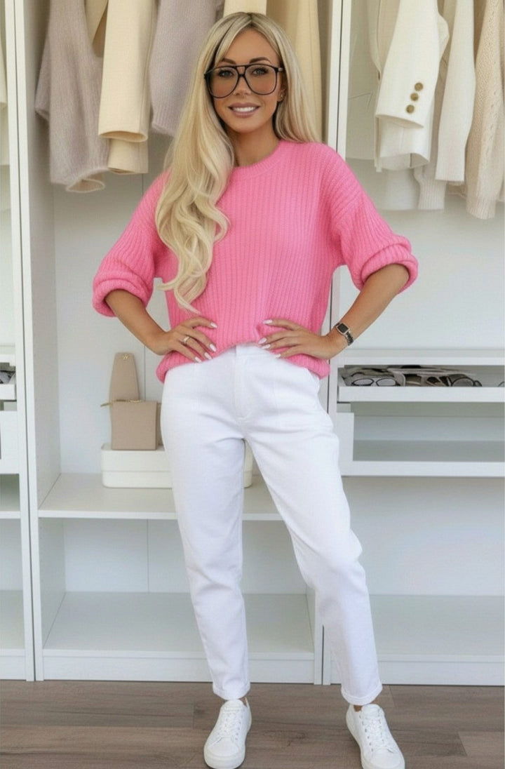 Donna Melange Ribbed Relaxed Knit Jumper Top - Pink