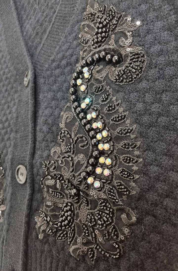 Dorothy Paisley Embellished Bubble Knit Cardigan - Black