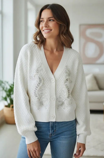 Dorothy Paisley Embellished Bubble Knit Cardigan-Ivory