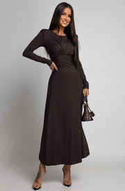 Elaris Twist Front Long Sleeve Maxi Dress-Dark Brown