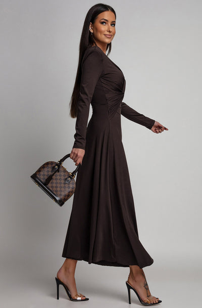 Elaris Twist Front Long Sleeve Maxi Dress-Dark Brown