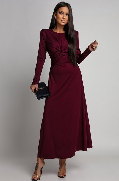 Elaris Twist Front Long Sleeve Maxi Dress-Wine