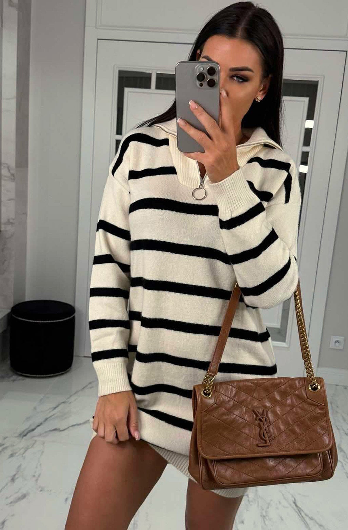 Elena Zip Collar Striped Sweater Dress-Cream