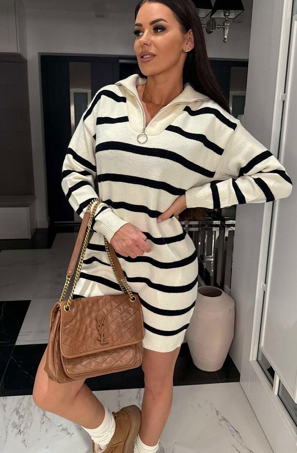 Elena Zip Collar Striped Sweater Dress-Cream