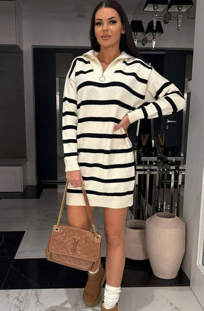 Elena Zip Collar Striped Sweater Dress-Cream
