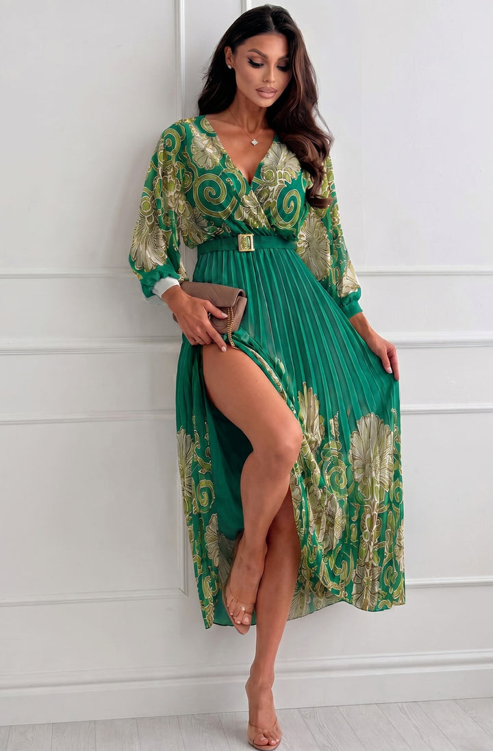 Eliara Abstract Print Chiffon Pleated Belted Maxi Dress