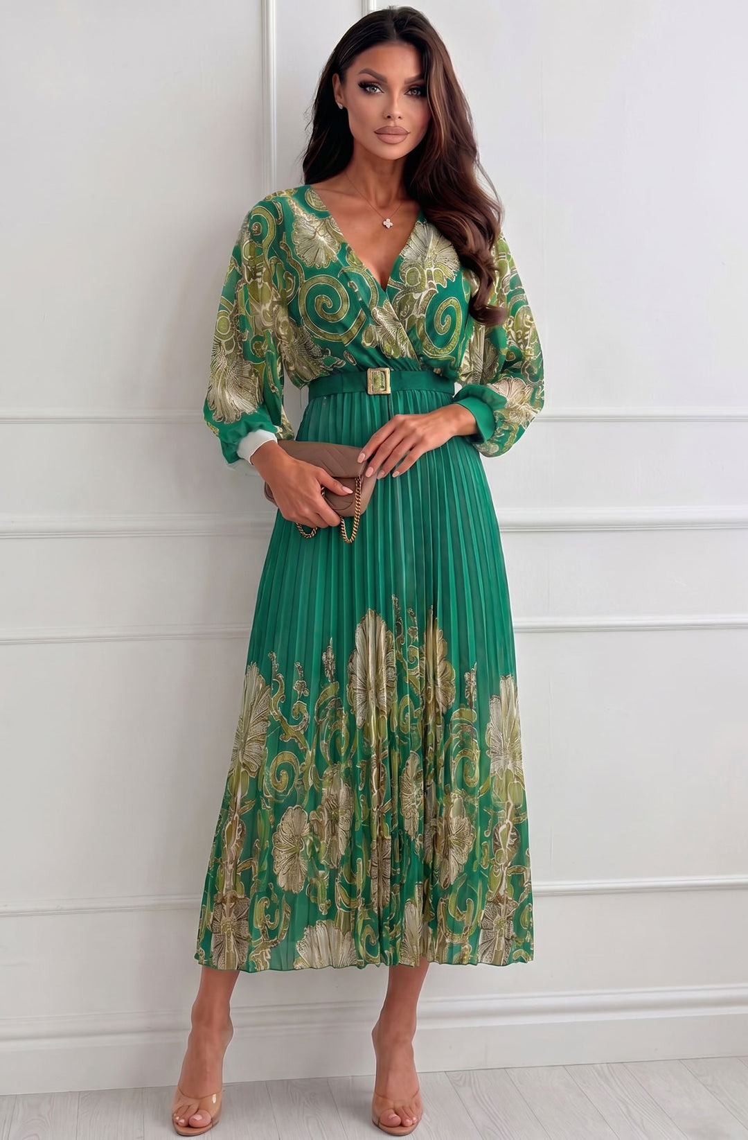 Eliara Abstract Print Chiffon Pleated Belted Maxi Dress