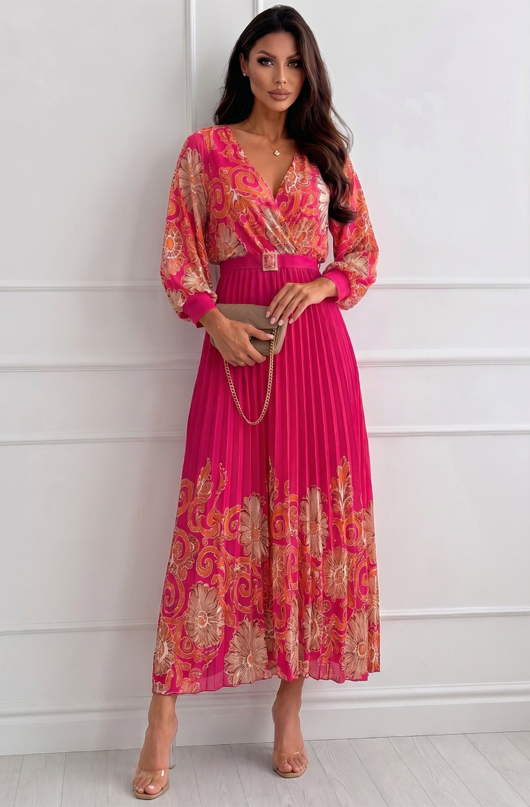 Eliara Abstract Print Chiffon Pleated Belted Maxi Dress