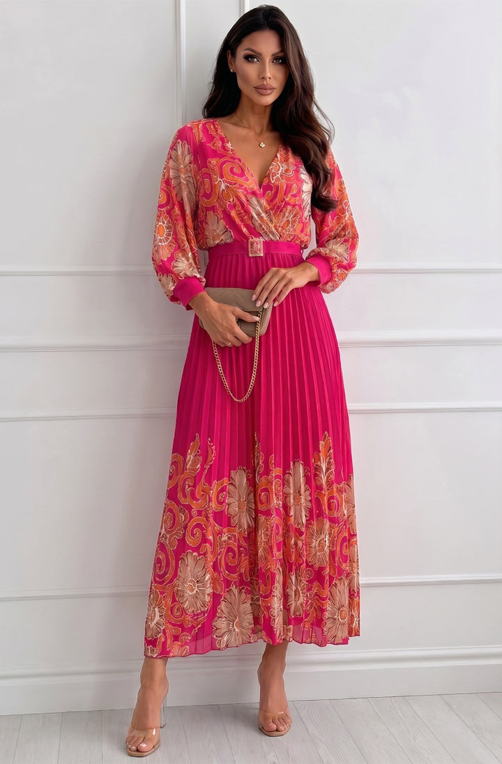 Eliara Abstract Print Chiffon Pleated Belted Maxi Dress