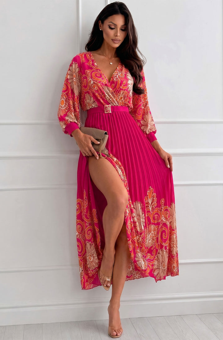 Eliara Abstract Print Chiffon Pleated Belted Maxi Dress