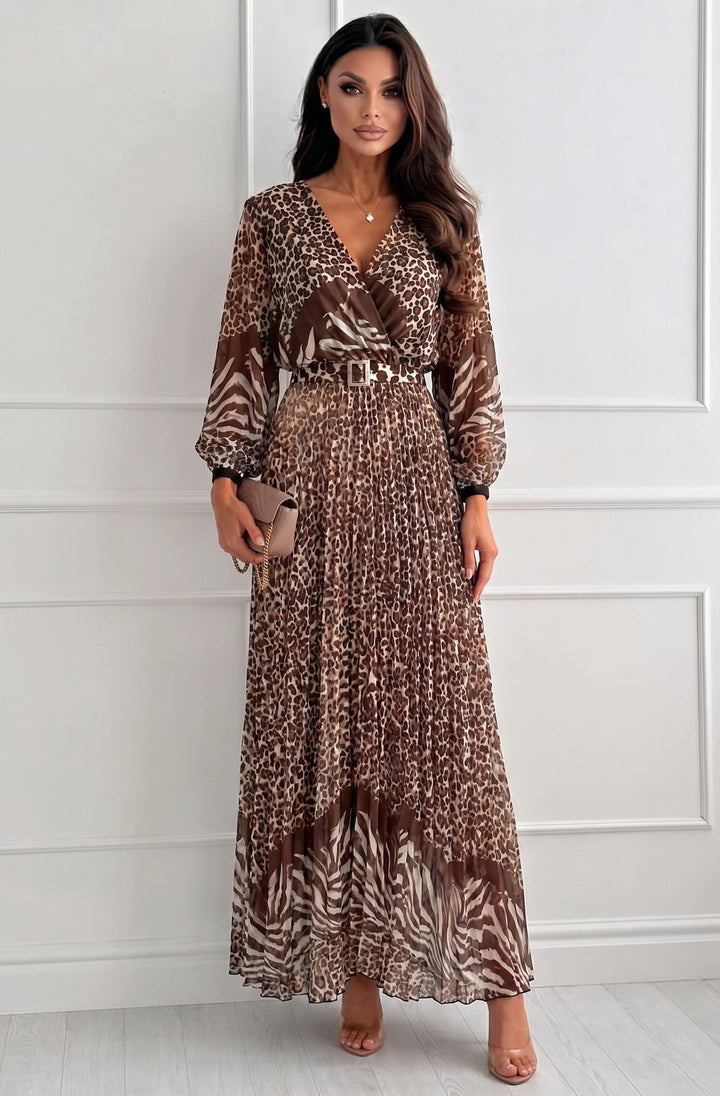 Eliara Leopard Animal Print Chiffon Pleated Belted Maxi Dress