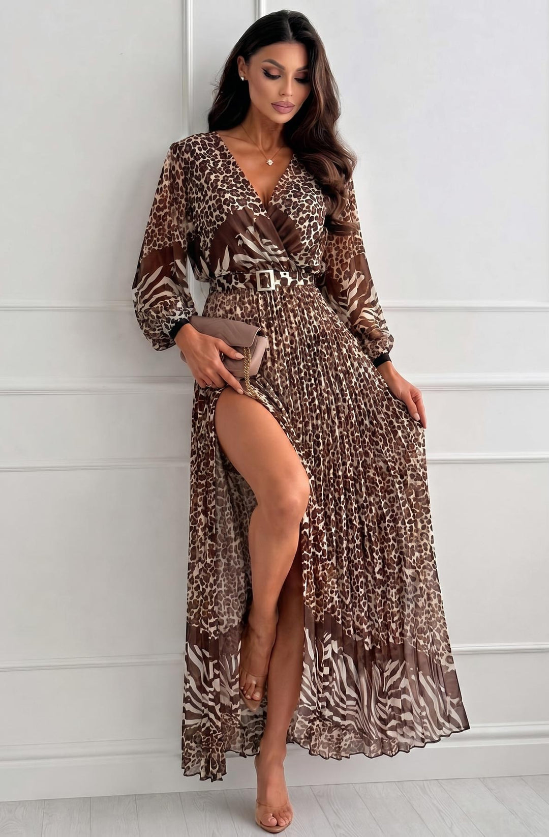 Eliara Leopard Animal Print Chiffon Pleated Belted Maxi Dress