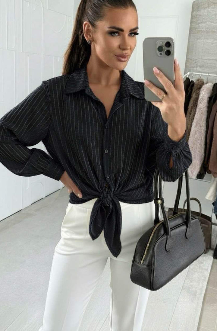 Elie Tie Front Stripe Shirt Top-Black