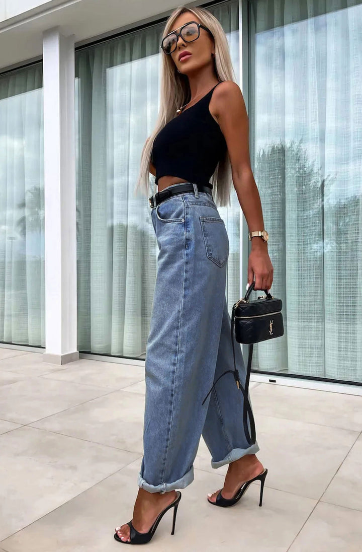 Elise Balloon High Mom Fit Denim Jeans-Blue