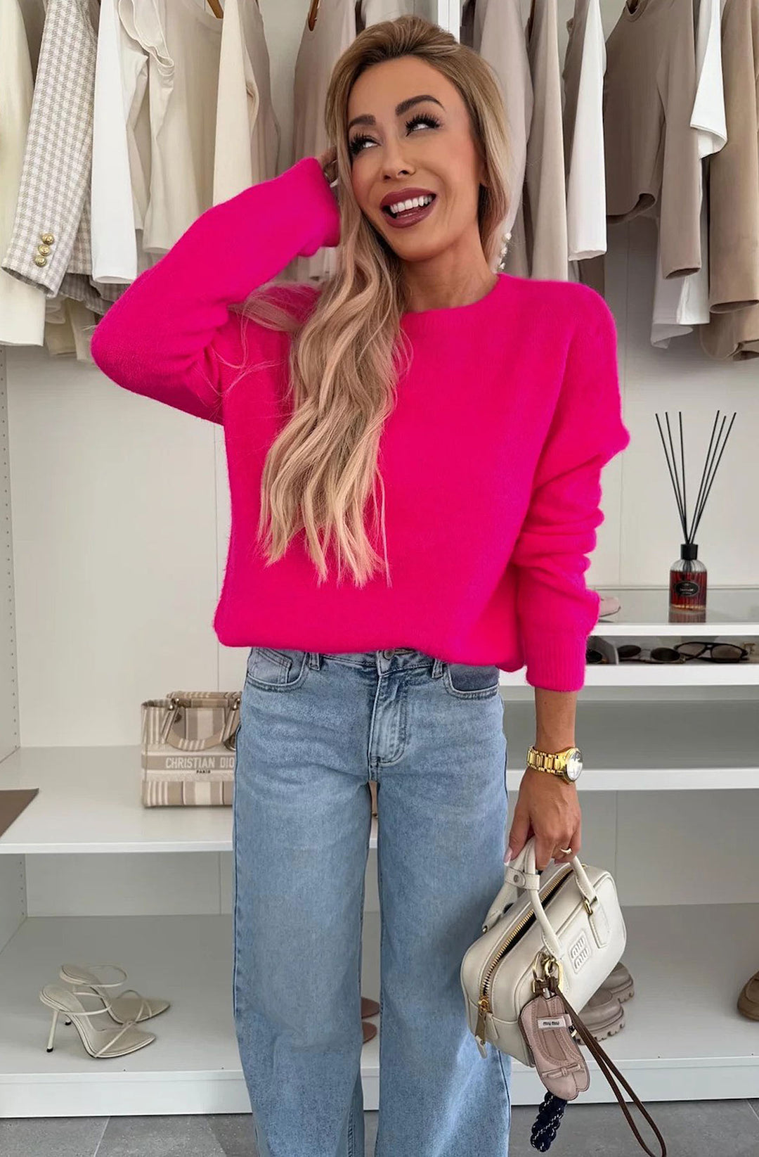 Elisha  Alpaca Lightweight Knitted Jumper Sweater - Hot Pink