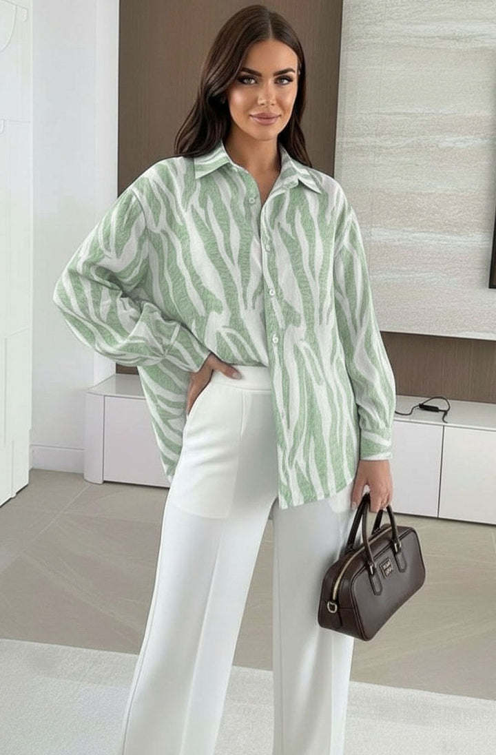 Elona Oversized Abstract Zebra Print Long Sleeve Shirt Top-Khaki