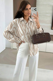 Elona Oversized Abstract Zebra Print Long Sleeve Shirt Top-Stone