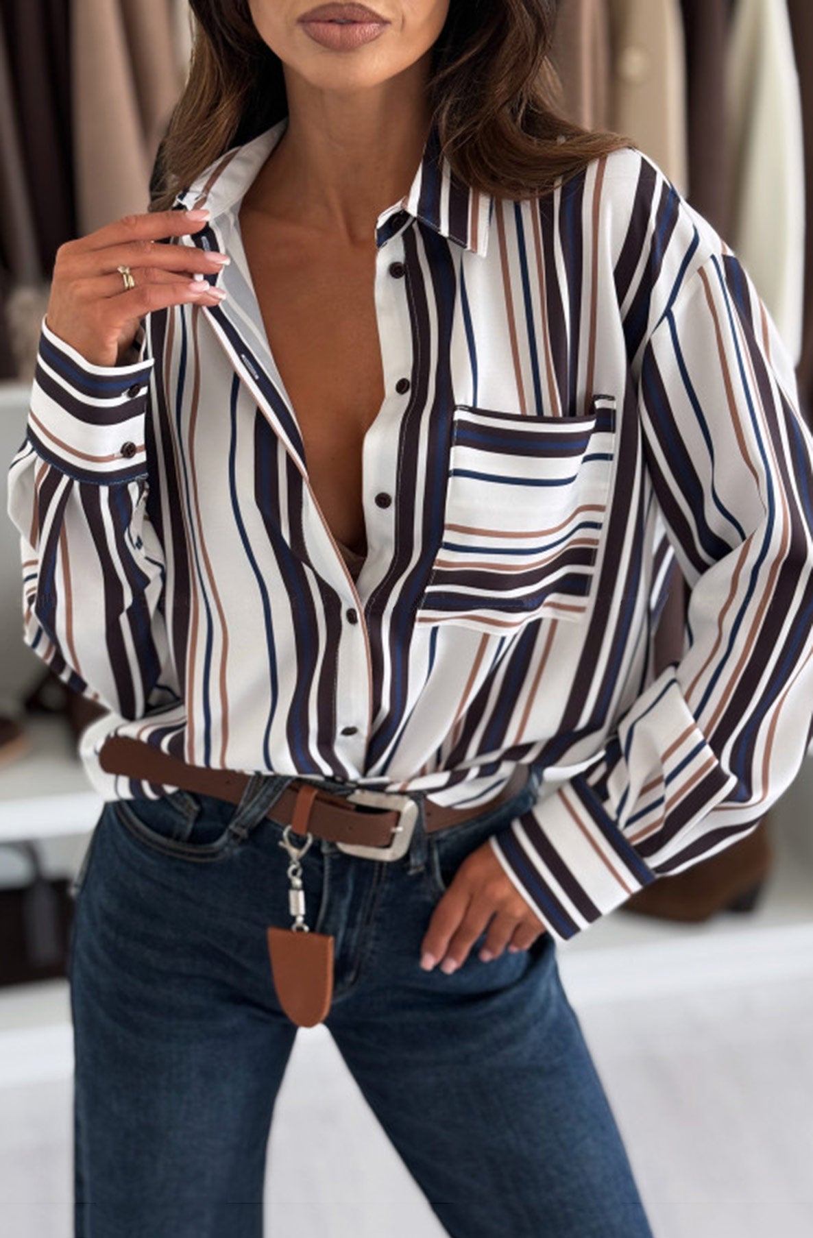 Elora Striped Shirt Blouse-Ivory