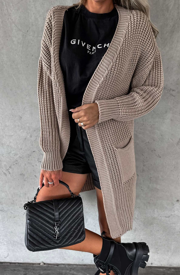 Emily Longline Pocket Knitted Cardigan-Stone