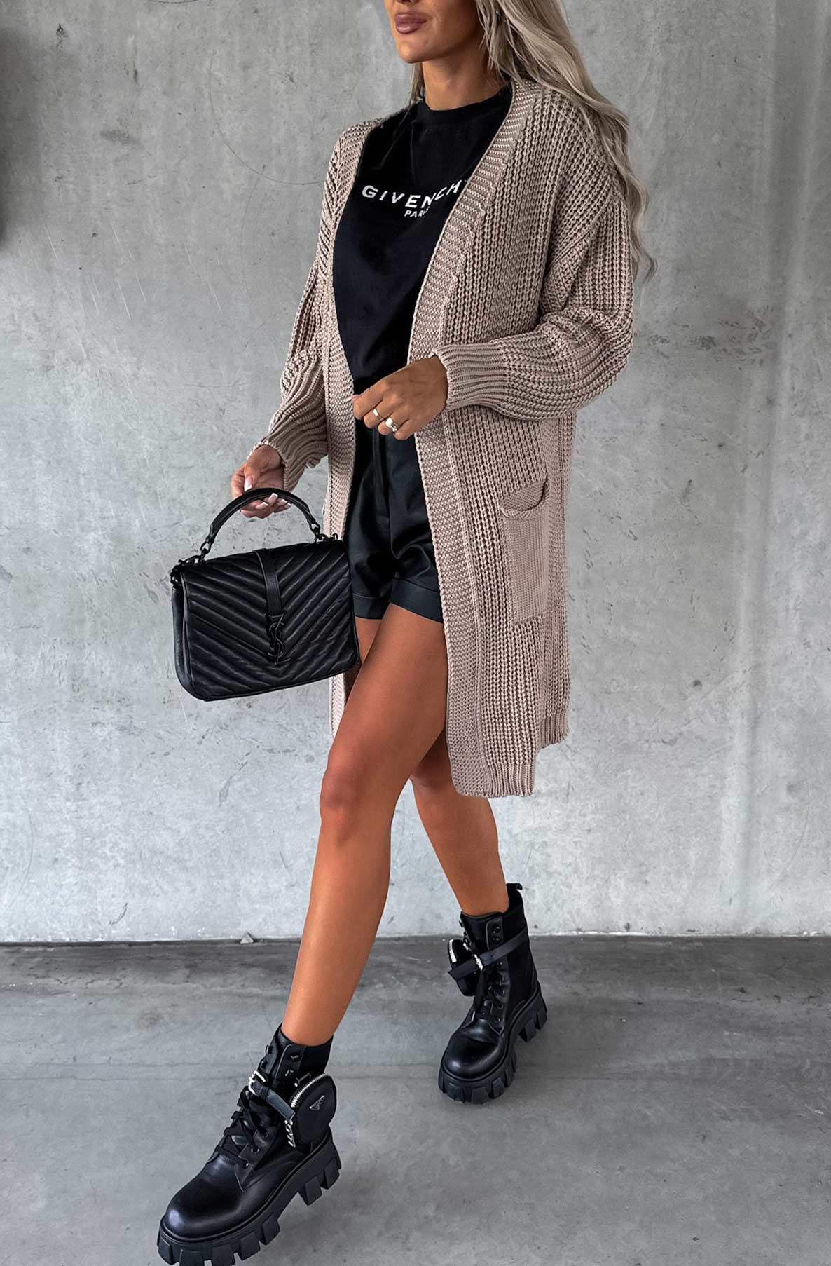 Emily  Longline Pocket Knitted Cardigan-Stone