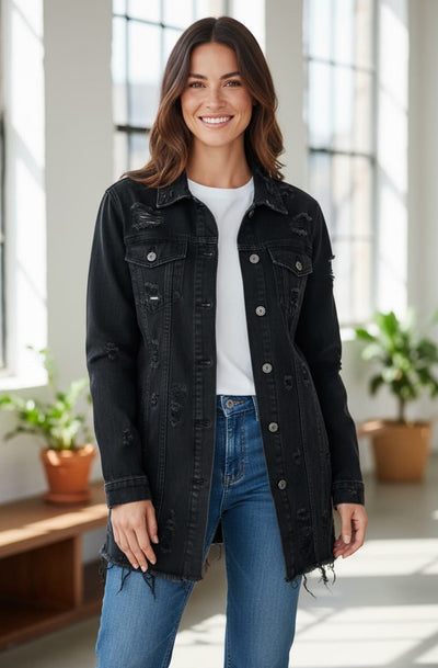 Emma Longline Black Denim Jacket-Black