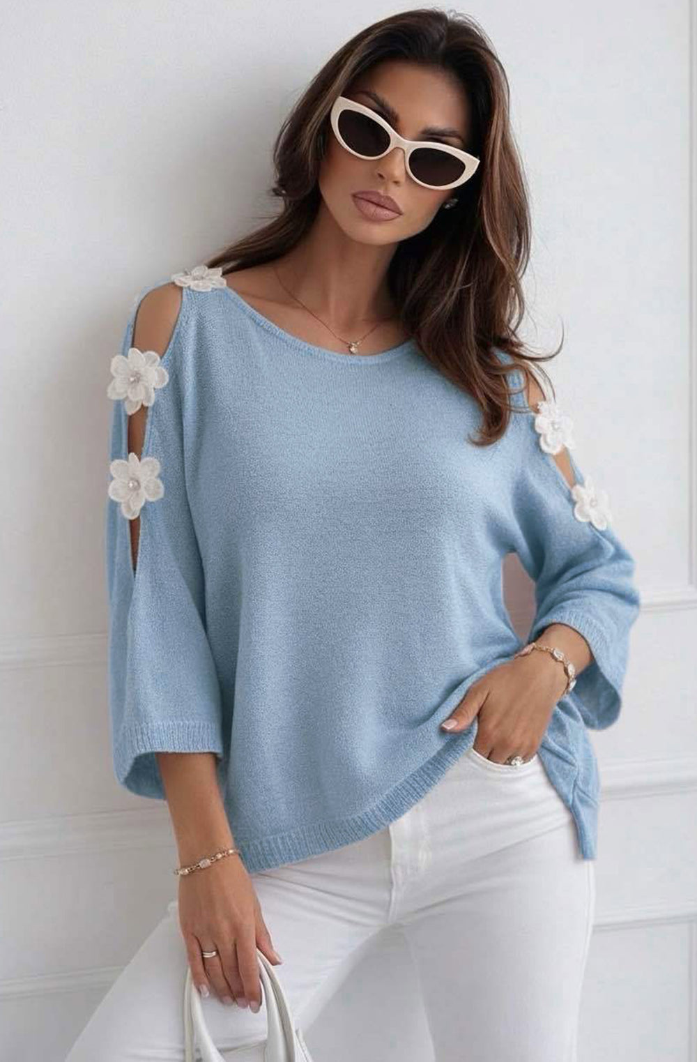 Emma Floral Appliqué Cold Shoulder Lightweight Open Knit Top - Blue