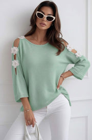 Emma Floral Appliqué Cold Shoulder Lightweight Open Knit Top-Sage
