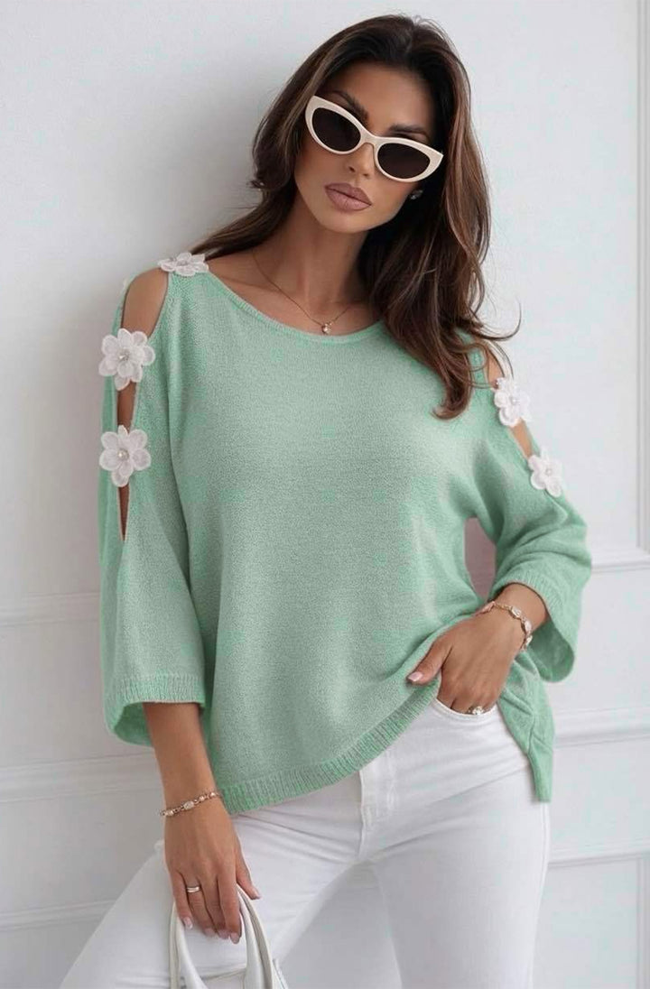 Emma Floral Appliqué Cold Shoulder Lightweight Open Knit Top - Sage