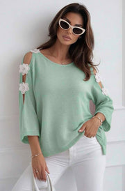 Emma Floral Appliqué Cold Shoulder Lightweight Open Knit Top-Sage