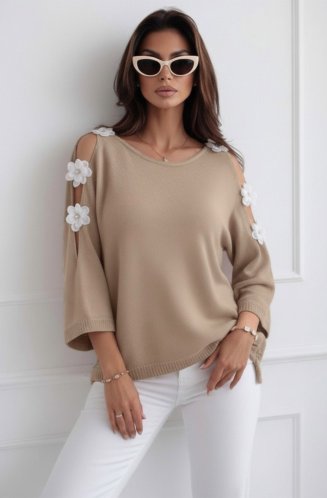 Emma Floral Appliqué Cold Shoulder Lightweight Open Knit Top - Stone