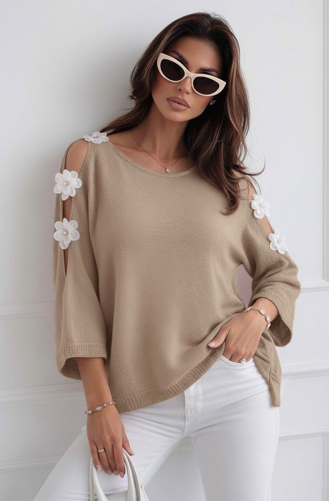 Emma Floral Appliqué Cold Shoulder Lightweight Open Knit Top - Stone