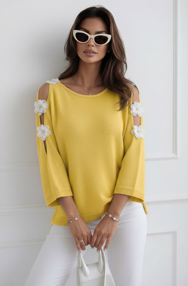 Emma Floral Appliqué Cold Shoulder Lightweight Open Knit Top - Yellow