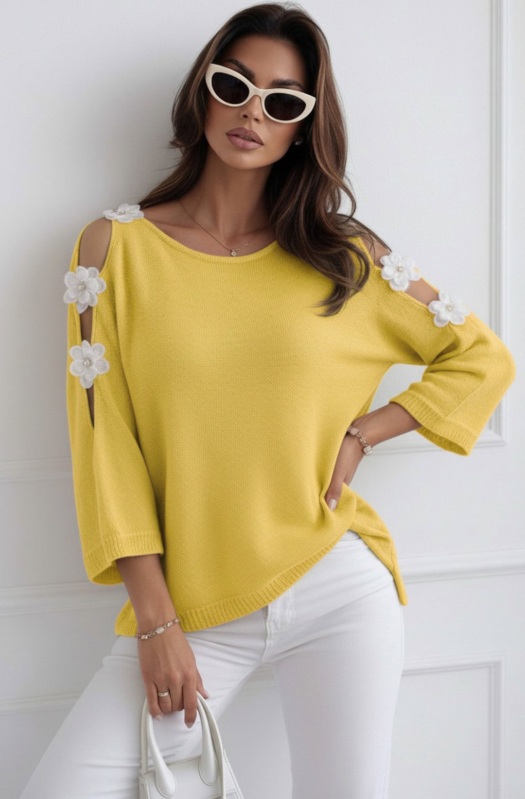 Emma Floral Appliqué Cold Shoulder Lightweight Open Knit Top - Yellow