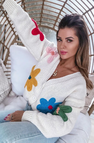 Enya 'Flower' Applique Embroidered Knitted Cardigan-Ivory