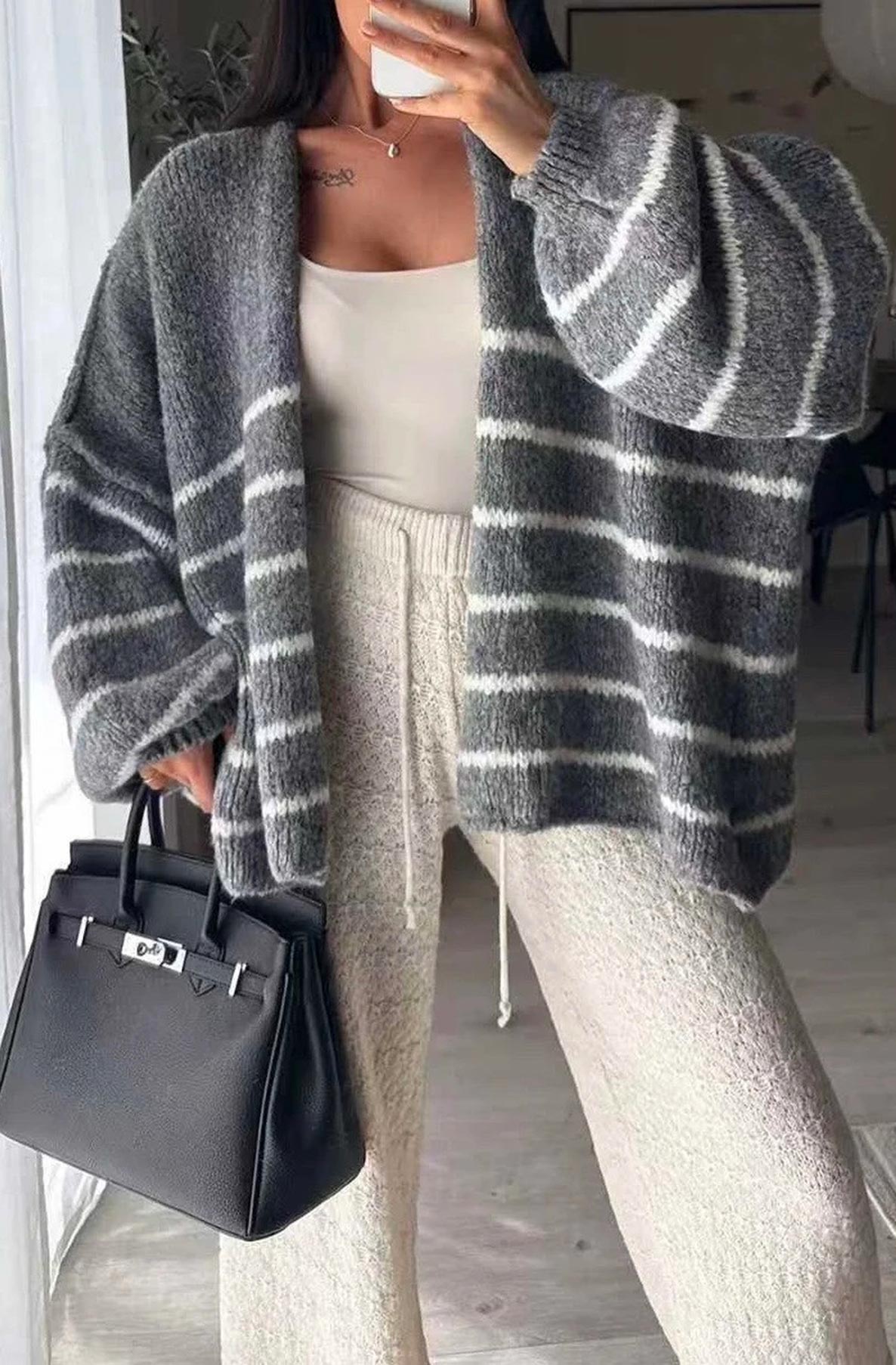 Erin Striped Knitted Cardigan-Grey