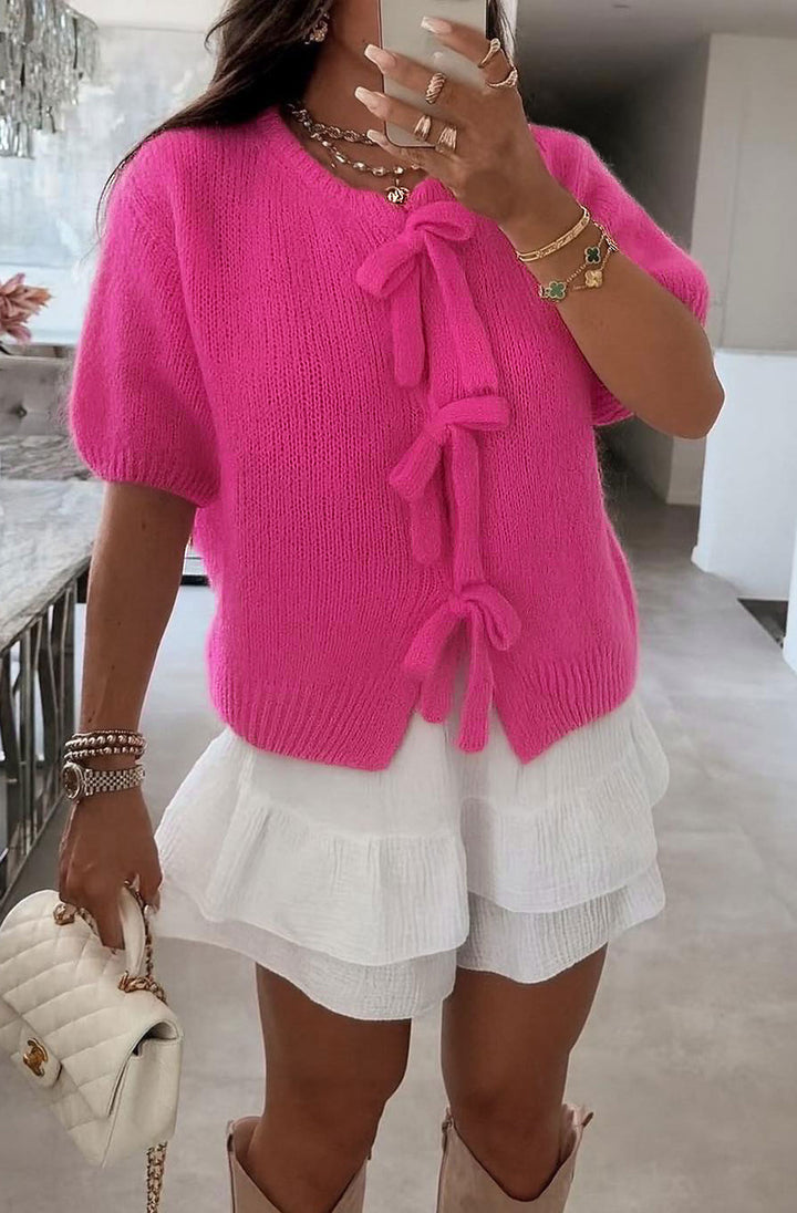 Estelle Tie up Bow Cardigan-Pink