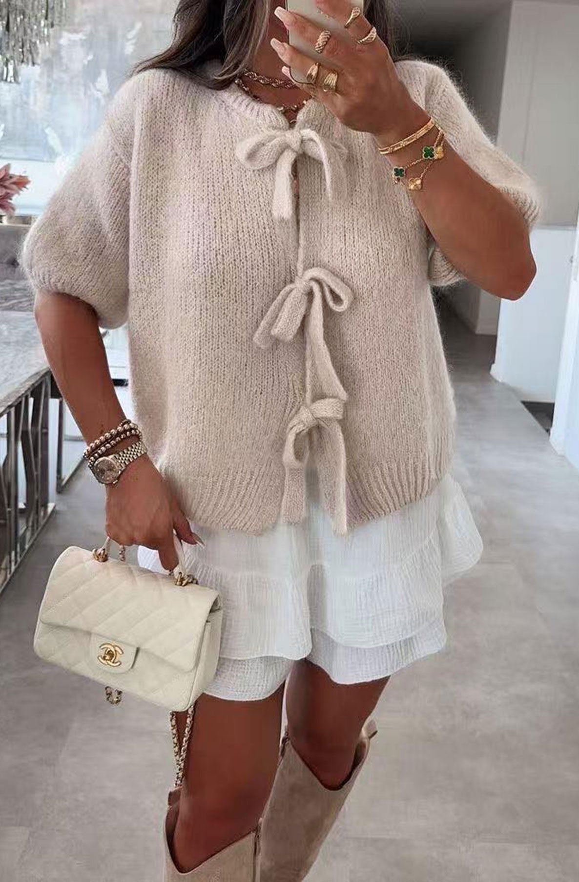 Estelle Tie up Bow Cardigan-Stone