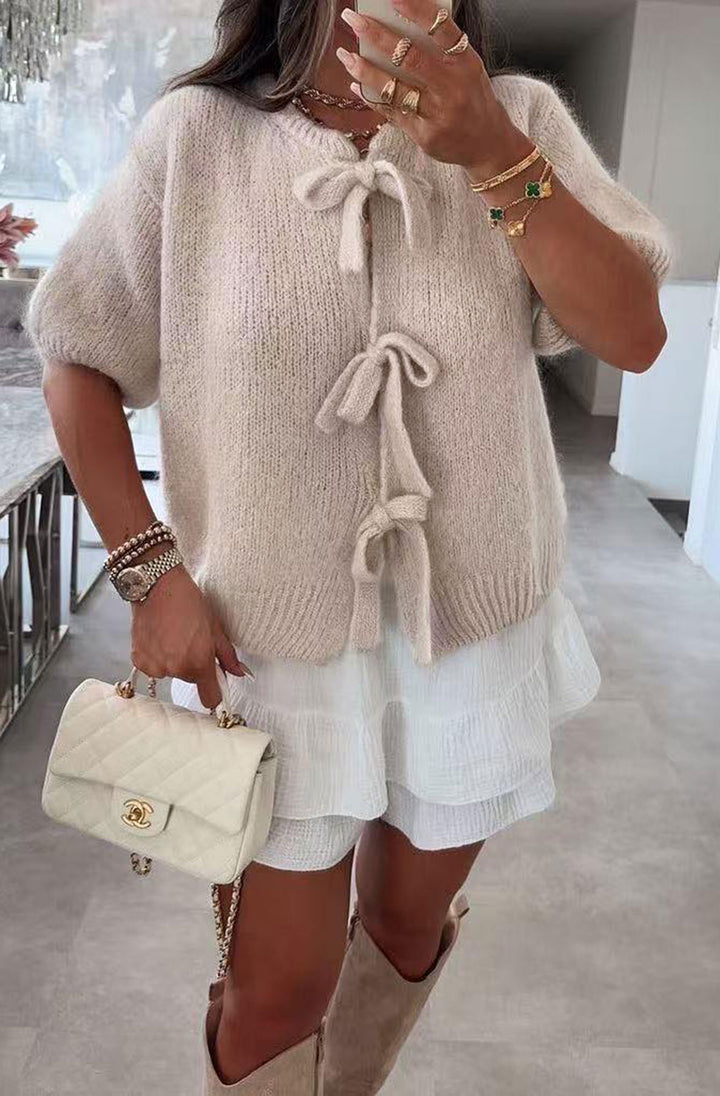 Estelle Tie up Bow Cardigan-Stone