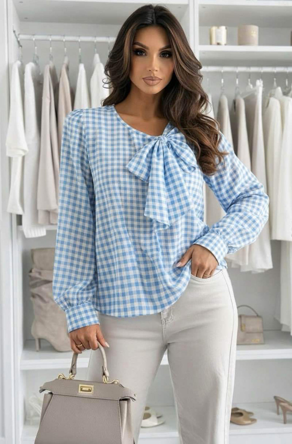 Eva Gingham Bow Neck Long Sleeve Blouse Top - Blue
