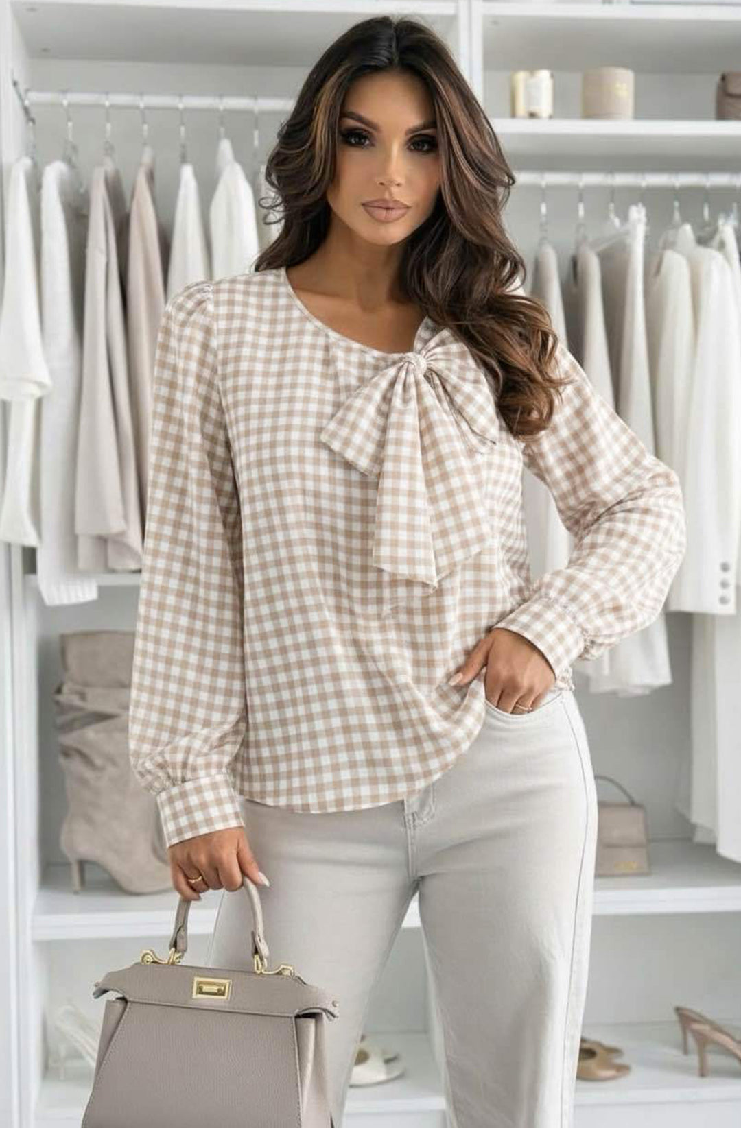 Eva Gingham Bow Neck Long Sleeve Blouse Top - Stone