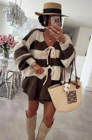 Evelle Striped Tie-Up Knitted Cardigan-Chocolate