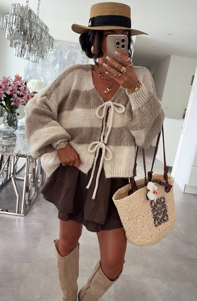 Evelle Striped Tie-Up Knitted Cardigan-Stone