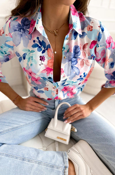 Evelyn Floral Printed Shirt Blouse Top-Multi