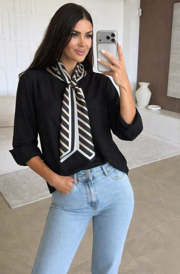 Ezra High Low Crew Neck Scarf Blouse Top - Black