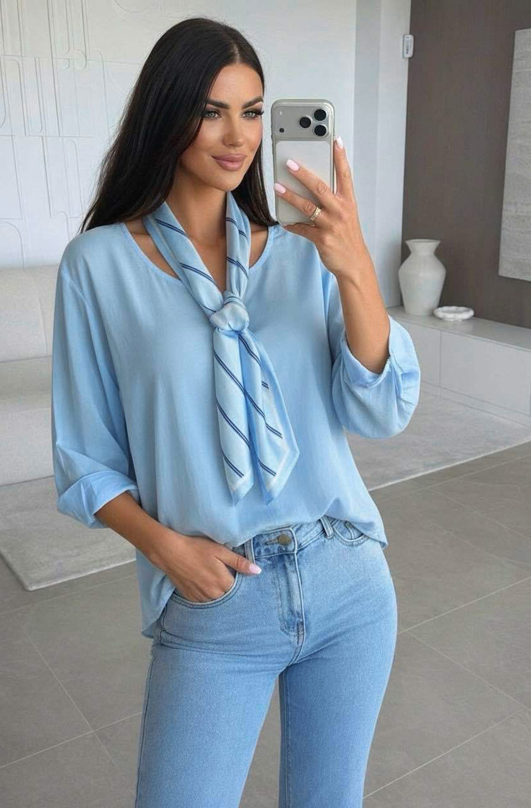 Ezra High Low Crew Neck Scarf Blouse Top - Blue
