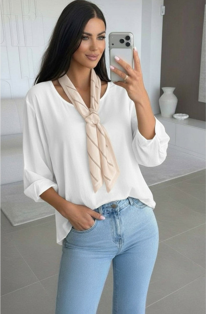 Ezra High Low Crew Neck Scarf Blouse Top - Ivory